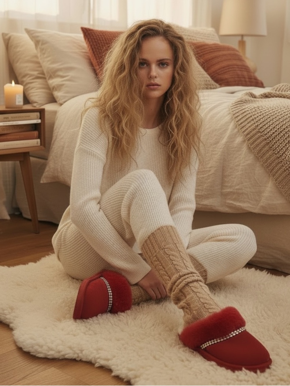 Cozy Red Sheerling Slippers with Rhinestone Detail